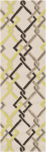 Close-up of the Brilliant Area Rug. Hand-hooked rug with a contemporary geometric pattern in brown, taupe, beige, and light olive. Design-Runner-268