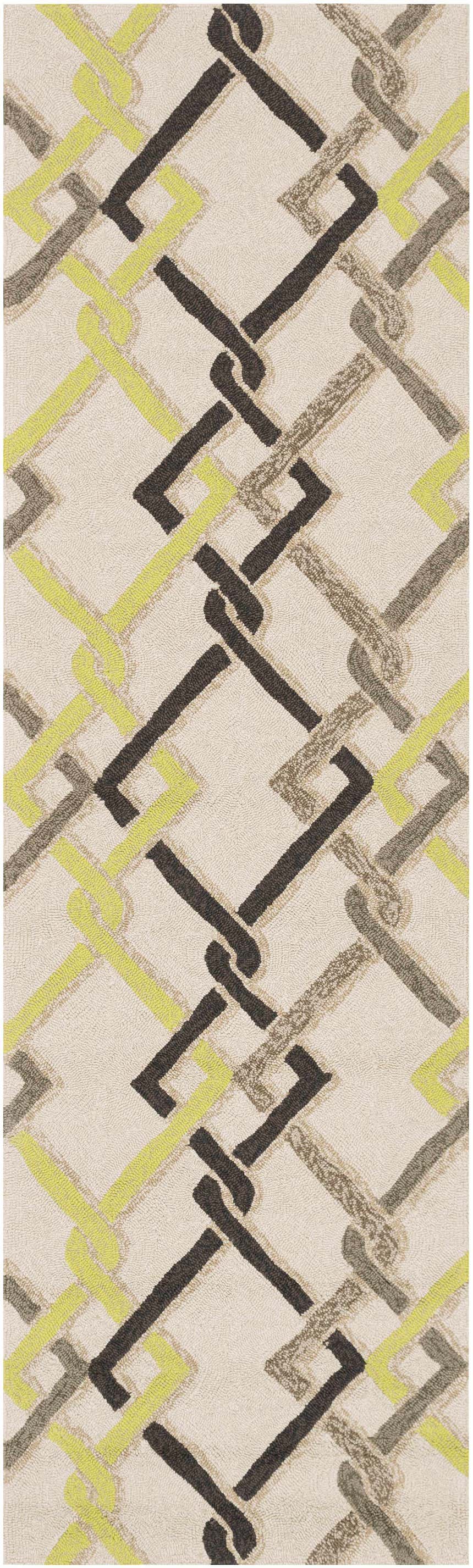 Close-up of the Brilliant Area Rug. Hand-hooked rug with a contemporary geometric pattern in brown, taupe, beige, and light olive. Design-Runner-268