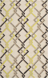 Close-up of the Brilliant Area Rug. Hand-hooked polypropylene rug with a contemporary geometric pattern in brown, beige, and light olive. Design-Rectangle-58
