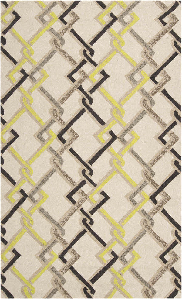Close-up of the Brilliant Area Rug. Hand-hooked polypropylene rug with a contemporary geometric pattern in brown, beige, and light olive. Design-Rectangle-58