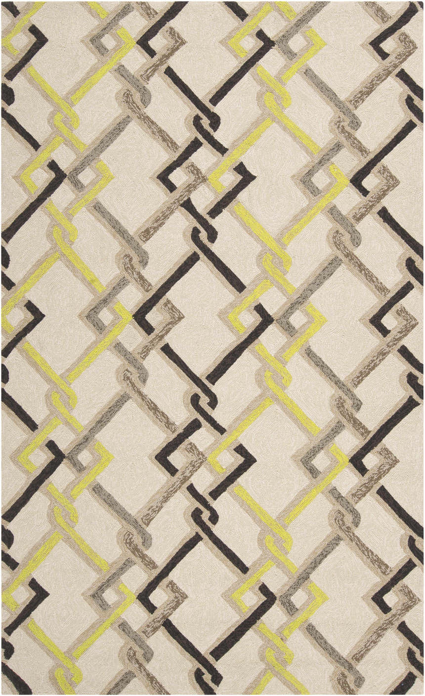 Close-up of the Brilliant Area Rug. Hand-hooked polypropylene rug with a contemporary geometric pattern in brown, beige, and light olive. Design-Rectangle-58