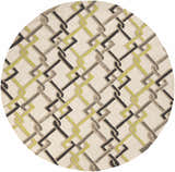 Close-up of the round Brilliant Area Rug. Hand-hooked rug with a geometric chain link pattern in brown, beige, olive, and taupe. Design-Round-8