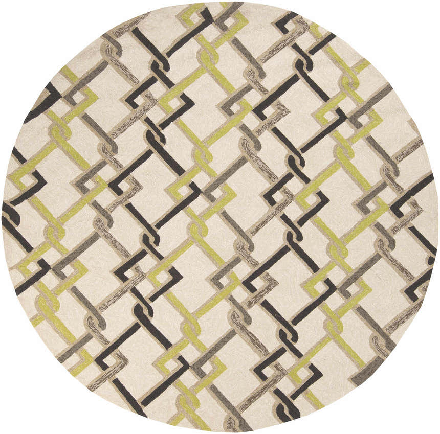 Close-up of the round Brilliant Area Rug. Hand-hooked rug with a geometric chain link pattern in brown, beige, olive, and taupe. Design-Round-8