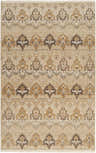 Close-up of the Brimson Area Rug, a hand-knotted wool rug with a traditional design in dark brown, tan, and off-white hues. Design-Rectangle-5686