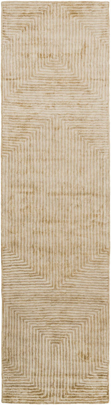 Close-up of Quartz Patterned Sheen Beige Viscose Rug. Geometric striped design in light beige and mustard tones. Hand-tufted texture. Design-Runner-2610