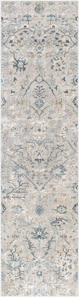 Close-up of the Barkisland Thick Luxe Oushak Rug. Features a traditional floral pattern in teal, sage, and beige tones. Design-Runner-2710