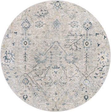 Round Barkisland Thick Luxe Oushak Rug. Beige rug with teal, sage, and gray floral and oriental design. Design-Round-53