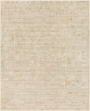 Close up of the Burlington Clearance Rug in oatmeal, sage, and taupe with a geometric, farmhouse design. Design-Rectangle-810