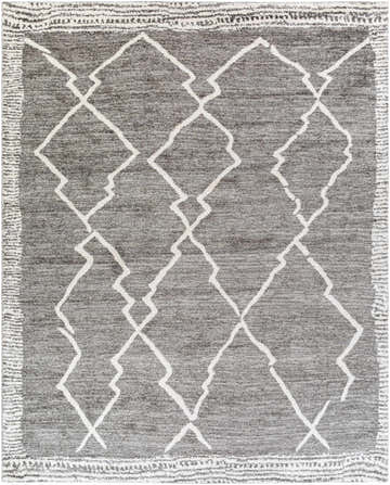 Close-up of the Bramham Area Rug featuring a gray base and a geometric white diamond pattern. Design-Rectangle-71010