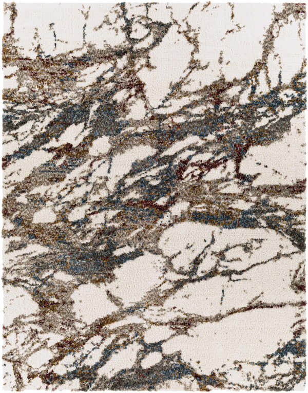 Close-up of Bremen Beige Marble Plush Carpet featuring a contemporary, abstract design with burgundy, blue, and gray accents. Design-Rectangle-71010