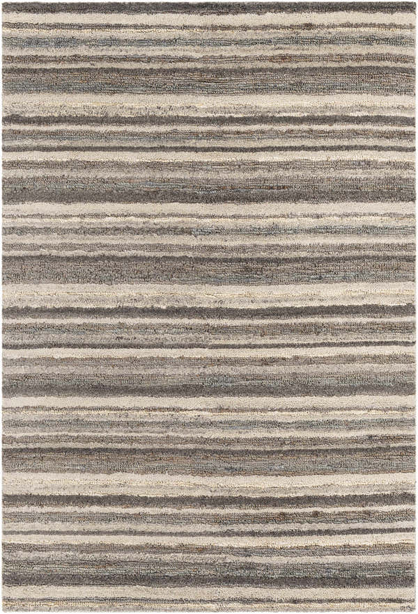 Close-up of Burnage Area Rug: a hand-woven, striped rug in charcoal, cream, beige, and gray jute and wool. Design-Rectangle-576