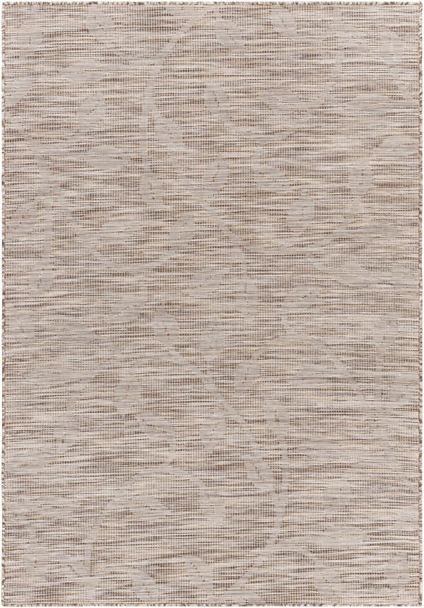 Close-up of Bernardsville Flatweave Area Carpet, a textured rug in brown, tan, and light beige. Design-Rectangle-537