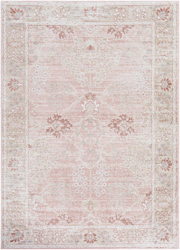 Close-up of the Barnwell Pink Area Carpet. Features a traditional floral pattern in pink, gray, and white thatch. Design-Rectangle-527