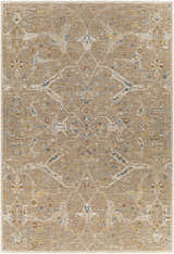 Detailed view of the Barneyside Luxe Area Rug, featuring a traditional oriental pattern in tan, cream, blue, and red. Design-Rectangle-6796