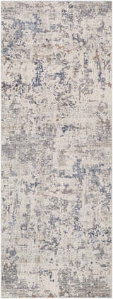 Close-up of the Broxbourne Area Rug. Contemporary style rug in blush, brown, cream, denim, and navy colors. Machine woven texture. Design-Runner-3310
