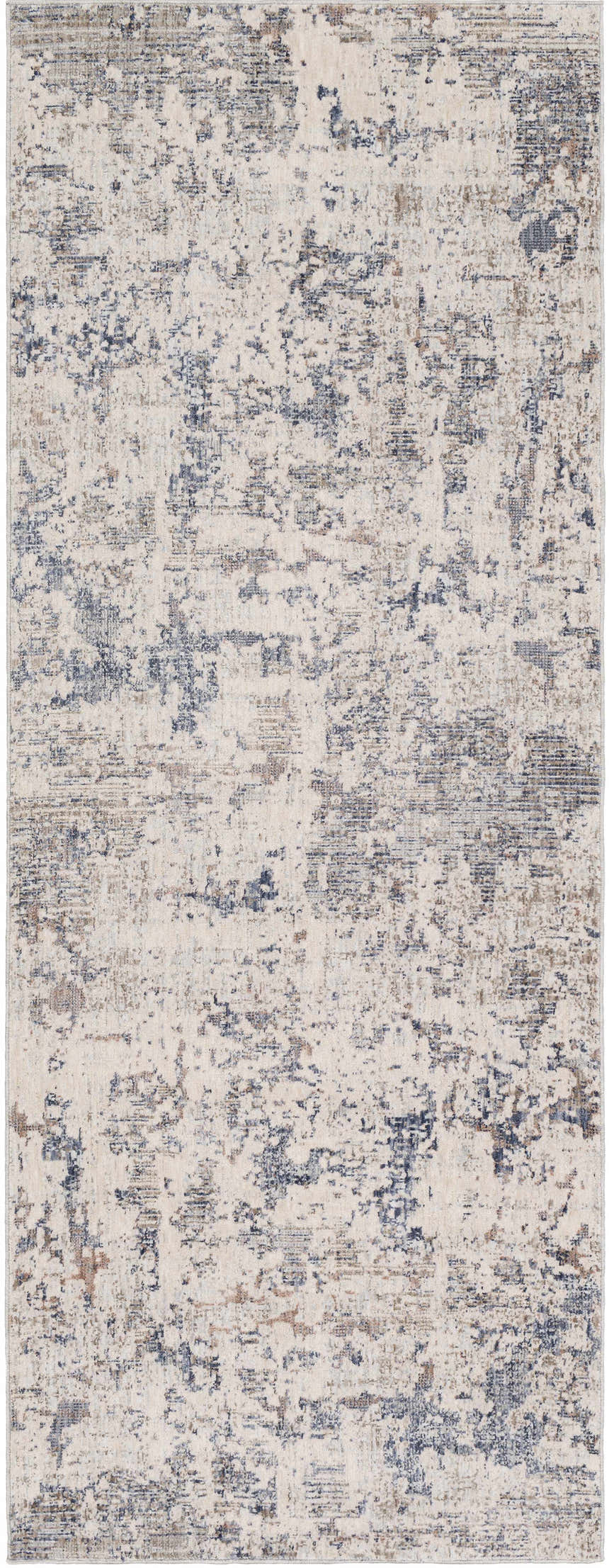 Close-up of the Broxbourne Area Rug. Abstract design in cream, white, brown and denim. Contemporary style. Design-Runner-338