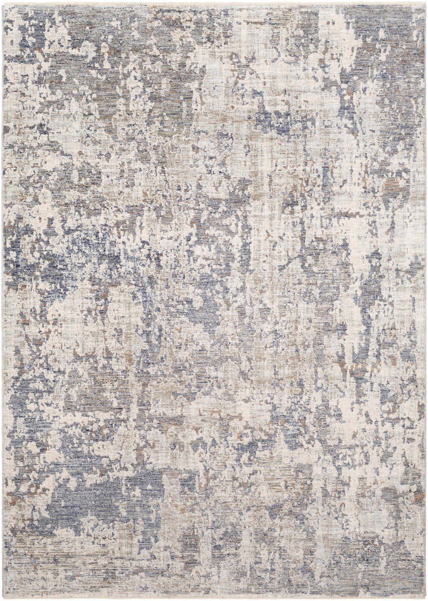 Close-up of the Broxbourne Area Rug. Contemporary style with blush, brown, cream, and navy abstract pattern. Machine woven texture. Design-Rectangle-582