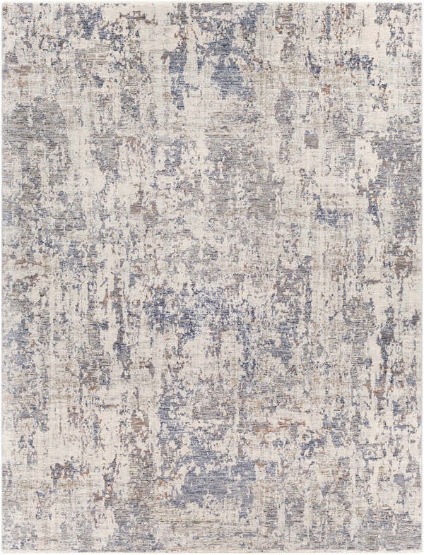Close-up of the Broxbourne Area Rug. Contemporary style with blush, brown, cream, and navy abstract pattern. Design-Rectangle-710103