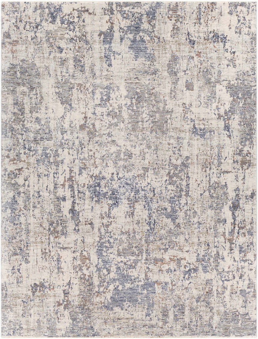 Close-up of the Broxbourne Area Rug. Contemporary style with blush, brown, cream, and navy abstract pattern. Design-Rectangle-710103