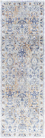 Close-up of the Barrie Area Carpet. Traditional rug with brown, cream, and dark blue floral pattern on a light gray background. Design-Runner-2673