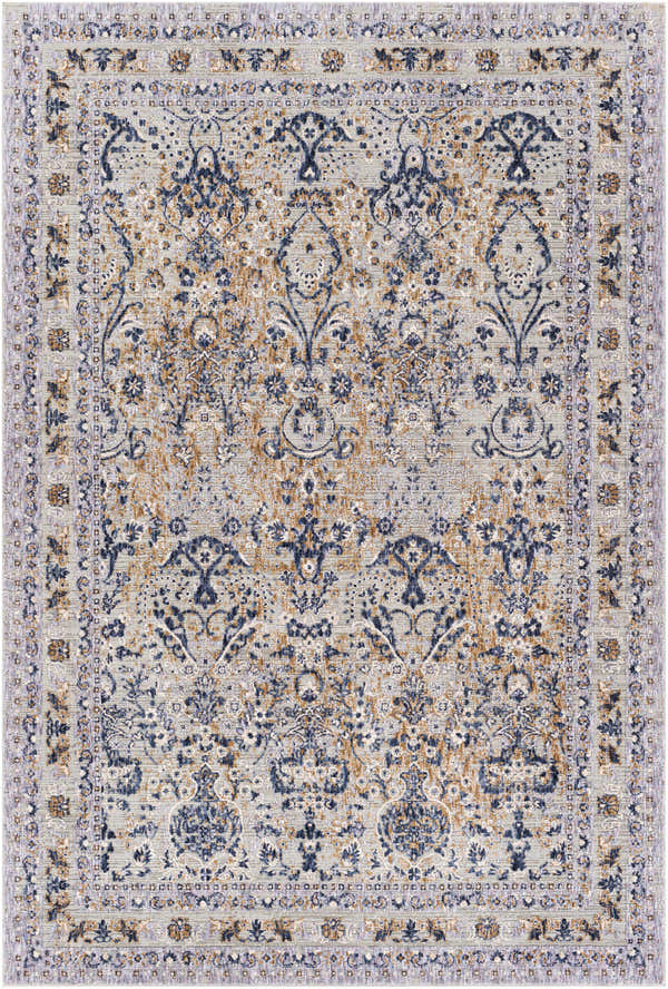 Close-up of the Barrie Area Carpet. Traditional rug with brown, charcoal, cream, and blue floral pattern on a light beige background. Design-Rectangle-5373