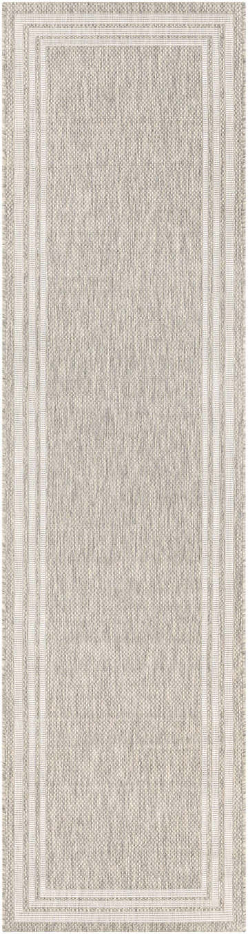 Close-up of the Burradoo Bordered Area Rug. Beige and gray woven texture with a light beige striped border. Design-Runner-2710
