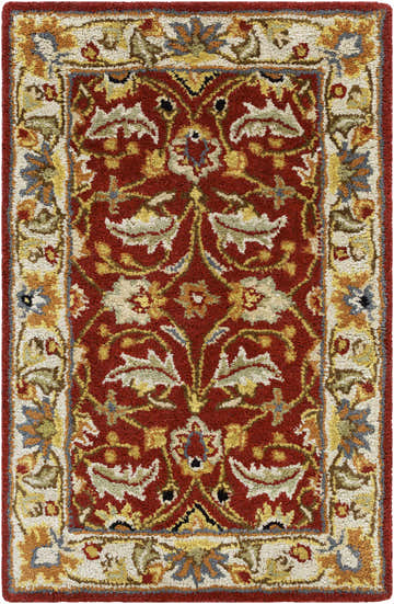 Close-up of the Brisbin Wool Area Rug showing its brick red, ivory, and light olive traditional floral design and hand-tufted texture. Design-Rectangle-23