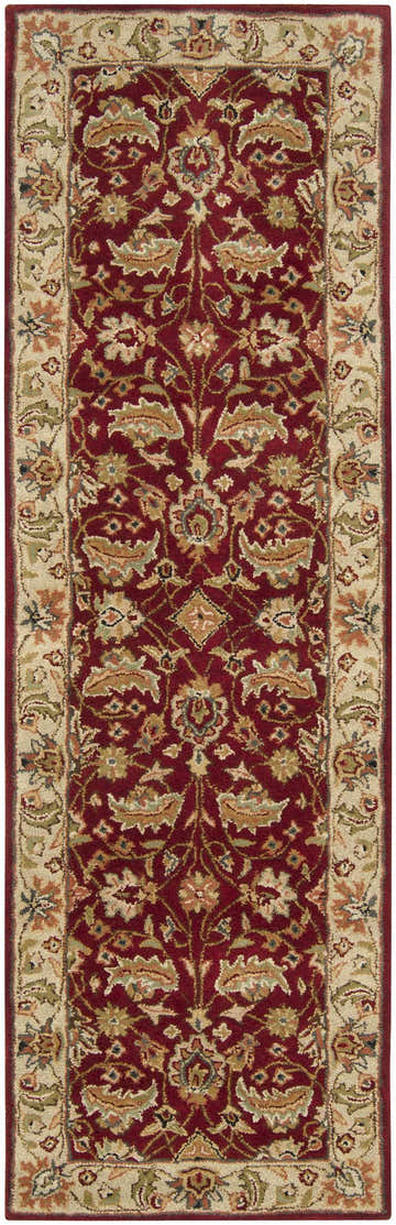 Close-up of the Brisbin Wool Area Rug. Features a traditional floral pattern in brick red, ivory, and tan. Hand-tufted texture. Design-Runner-268