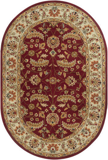 Oval Brisbin Wool Area Rug with a traditional floral pattern in brick red, ivory, tan, and light olive. Hand-tufted texture. Design-Oval-69