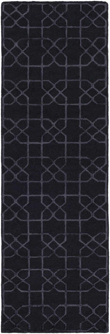 Close-up of the Bart Area Carpet. Black wool rug with a geometric farmhouse pattern. Hand-knotted runner. Design-Runner-268
