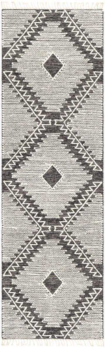 Close-up of the hand woven Brownhills rug. Black and cream cotton and wool rug with a geometric diamond pattern. Design-Runner-268