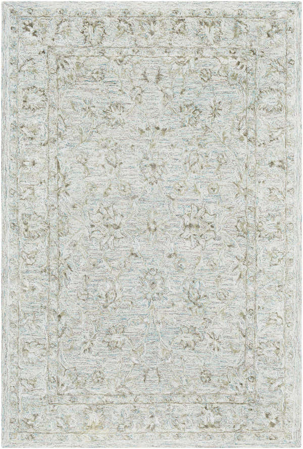 Close-up of the Browning Wool & Faux Silk Rug, showcasing its aqua, beige, gray, and olive floral design and hand-tufted texture. Design-Rectangle