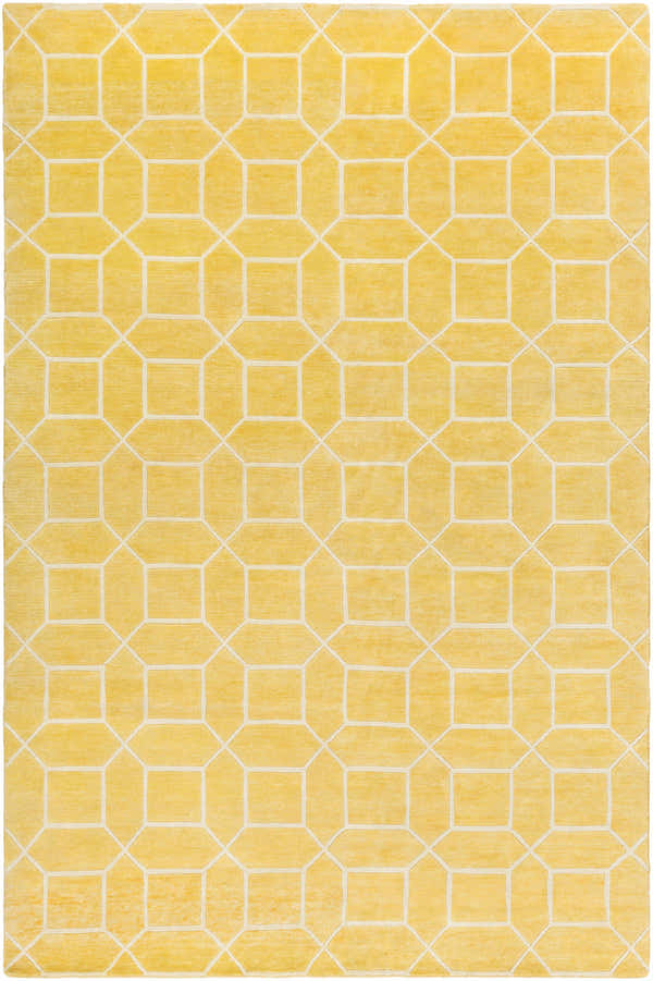 Close-up of the Bryceville Area Rug. Mustard yellow wool rug with a geometric ivory square pattern. Hand-knotted. Design-Rectangle-69