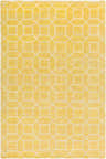 Close-up of the Bryceville Area Rug. Mustard yellow wool rug with a geometric ivory square pattern. Hand-knotted. Design-Rectangle-69