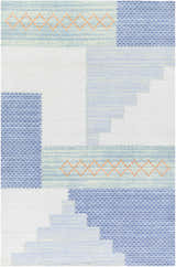 Close-up of the Bishopstoke Carpet, a hand-woven rug with blue, cream, and peach geometric patterns. Coastal Grandmother style. Design-Rectangle-576
