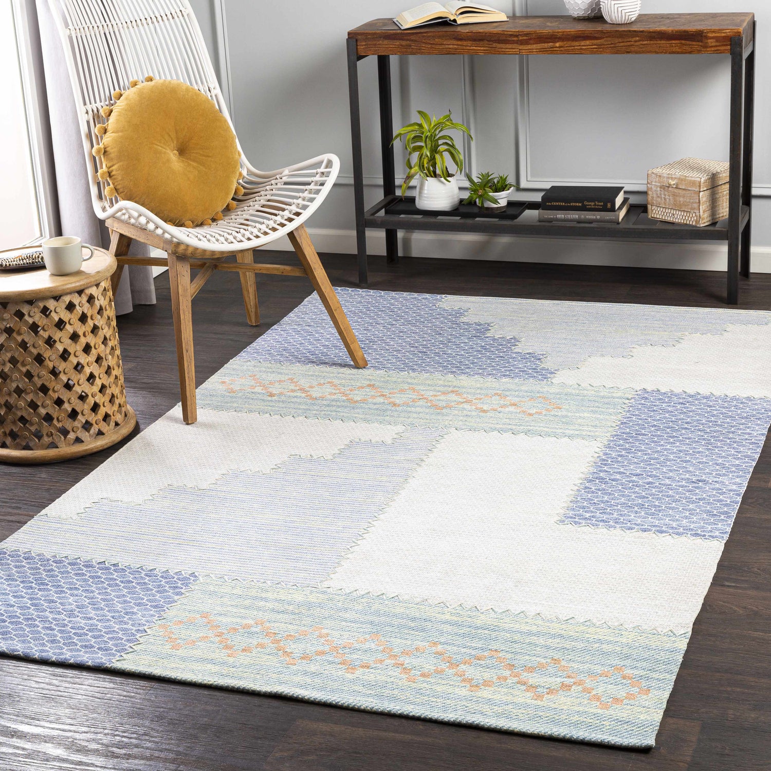 Coastal room scene with Bishopstoke Carpet, blue, cream and peach geometric pattern rug. Roomscene-Rectangle