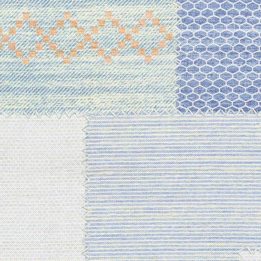 Close-up of Bishopstoke Carpet, a hand woven rug in blue, cream, and peach with geometric patterns. Swatch