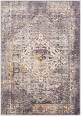 Detailed view of the Basiad Washable Area Rug in blush, purple, and gray. Traditional oriental rug pattern. Design-Rectangle-537