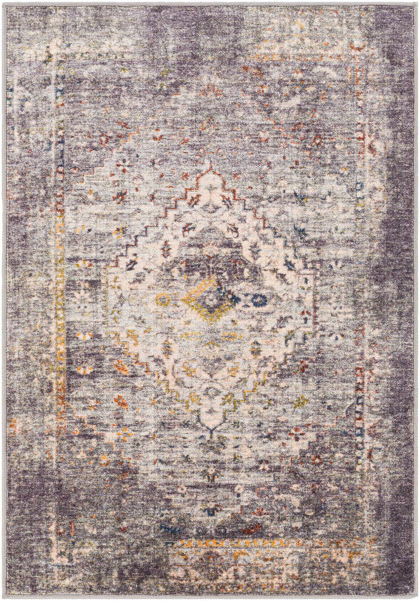 Detailed view of the Basiad Washable Area Rug in blush, purple, and gray. Traditional oriental rug pattern. Design-Rectangle-537