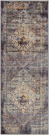 Close-up of the Basiad Washable Area Rug. Traditional oriental rug design in dark purple, gray, oatmeal, and mustard tones. Design-Runner-2773