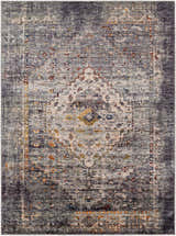 Close-up of the Basiad Washable Area Rug. Traditional oriental rug design in blush, dark purple, gray, and oatmeal colors. Design-Rectangle-537
