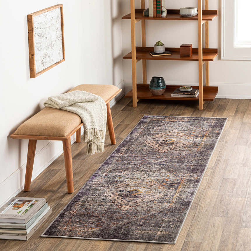 Entryway with wood bench, bookshelf, and Basiad Washable Area Rug in blush, purple, gray, and oatmeal tones. Traditional style. Roomscene-Runner