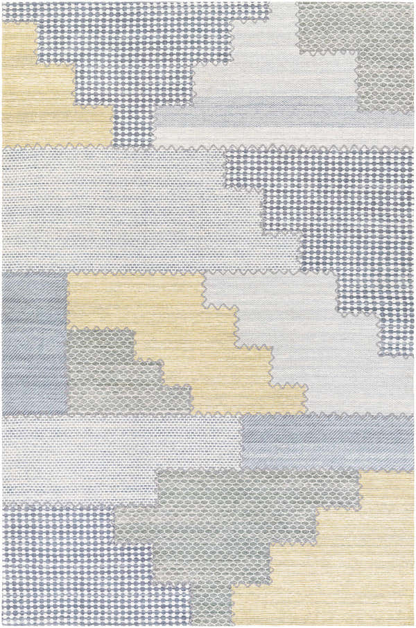 Close-up of the Bishopton Blue/Yellow Patchwork Viscose Rug showing its geometric pattern and woven texture. Design-Rectangle-576
