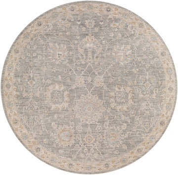 Close-up of a round Monterey Gray Thick Luxe Persian Rug. Beige, gray, and blue floral pattern. Design-Round-67