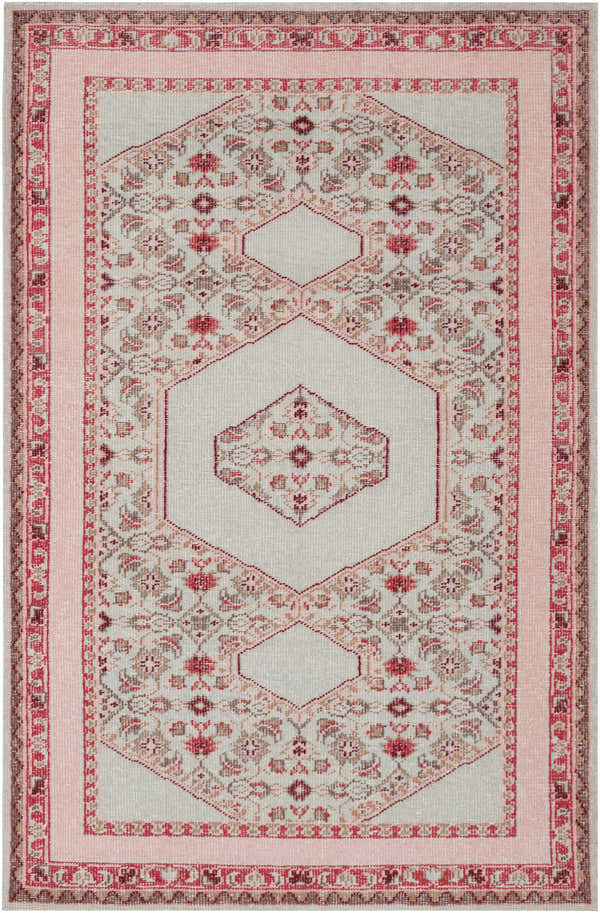 Overhead view of the Bethesda Area Rug in dusty pink, burgundy, and light gray. Hand-knotted wool rug. Design-Rectangle-5686