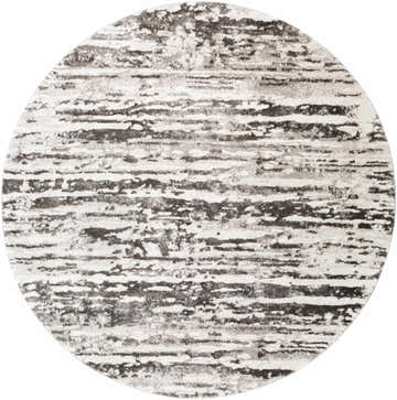 Close-up of a round Butters Area Rug. Black, ivory, and gray contemporary design. Machine woven polypropylene rug. Design-Round-710