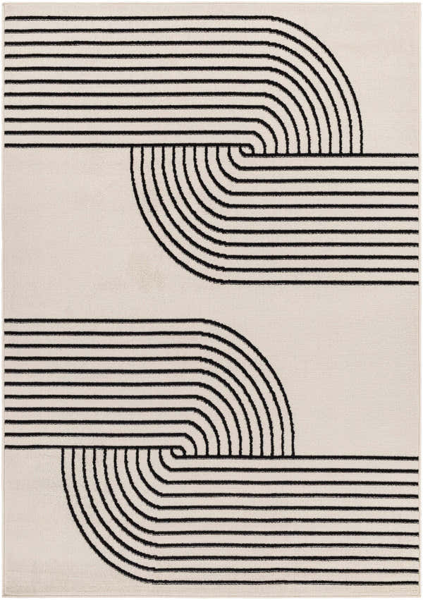 Close-up of the Buana Area Rug featuring a geometric pattern of black lines on a beige background. Design-Rectangle-57