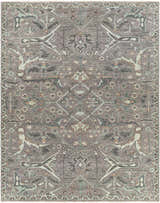 Detailed Bugasan Area Rug close-up. Hand-knotted wool rug in gray, teal, brown, and plum with an oriental pattern. Design-Rectangle-810
