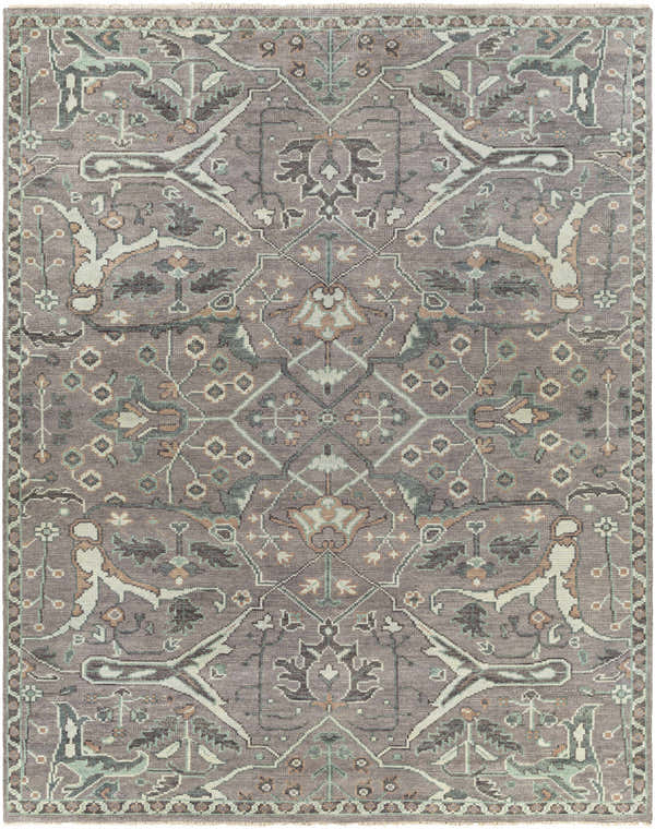 Detailed Bugasan Area Rug close-up. Hand-knotted wool rug in gray, teal, brown, and plum with an oriental pattern. Design-Rectangle-810