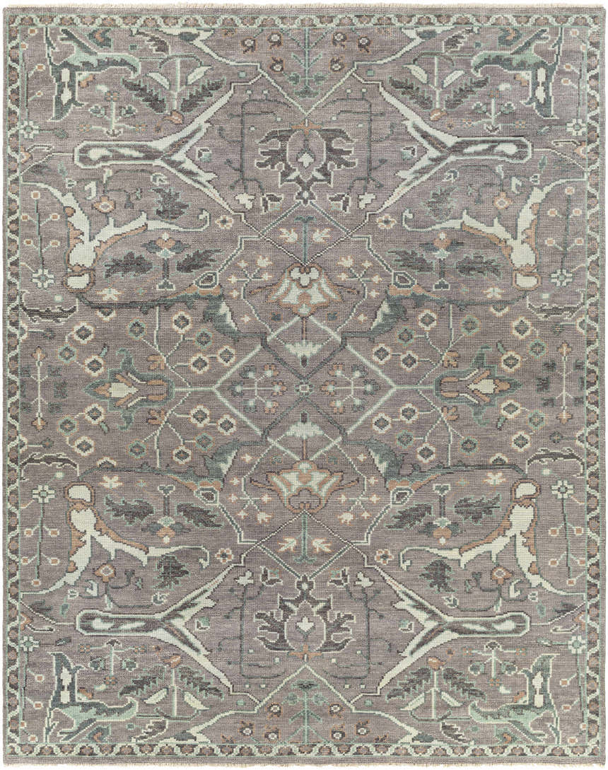 Detailed Bugasan Area Rug close-up. Hand-knotted wool rug in gray, teal, brown, and plum with an oriental pattern. Design-Rectangle-810